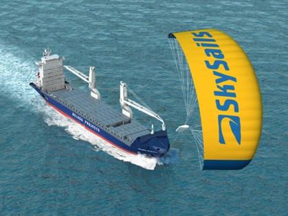 Il Beluga Skysails ripreso dall'alto.