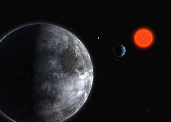 Una ricostruzione del pianeta Gliese 581d, scoperto nel 2007, l'unico conosciuto in una 'zona abitabile', di clima non troppo caldo, n� troppo freddo.