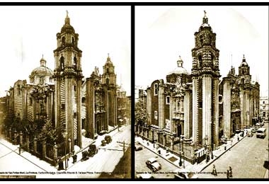 Il "Templo de la Profesa", a Citt� del Messico, nella foto originale di Guillermo Kahlo del 1910 e nella riedizione di Rodrigo V�zquez del 2010.