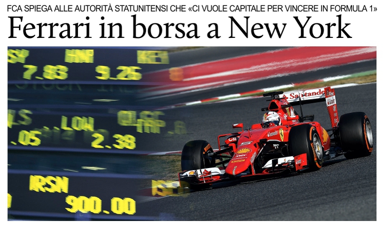 Ferrari in borsa a NY: �Ci vuole capitale per vincere in Formula 1�.