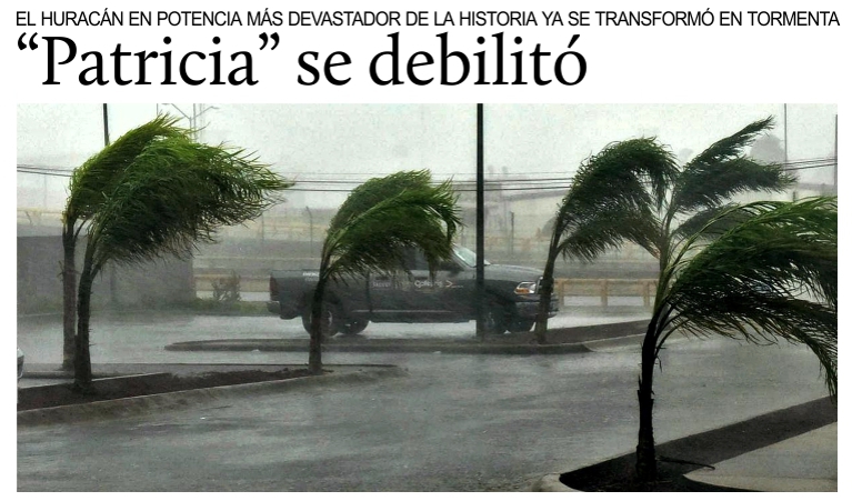 El huracn Patricia se debilita a tormenta tropical.